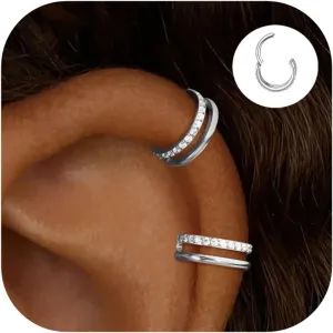 Small Cartilage Double-Hoop Helix Conch Piercing Earrings With Cubic Zirconia For Women Trendy 14K Gold Plated Titanium Surgical Stainless Steel Sets Jewelry