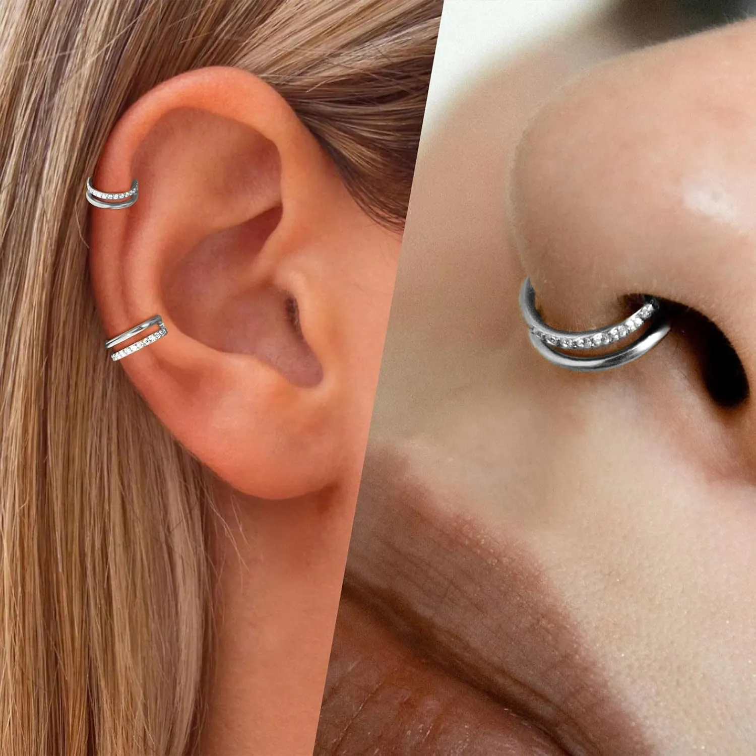 Small Cartilage Double-Hoop Helix Conch Piercing Earrings With Cubic Zirconia For Women Trendy 14K Gold Plated Titanium Surgical Stainless Steel Sets Jewelry