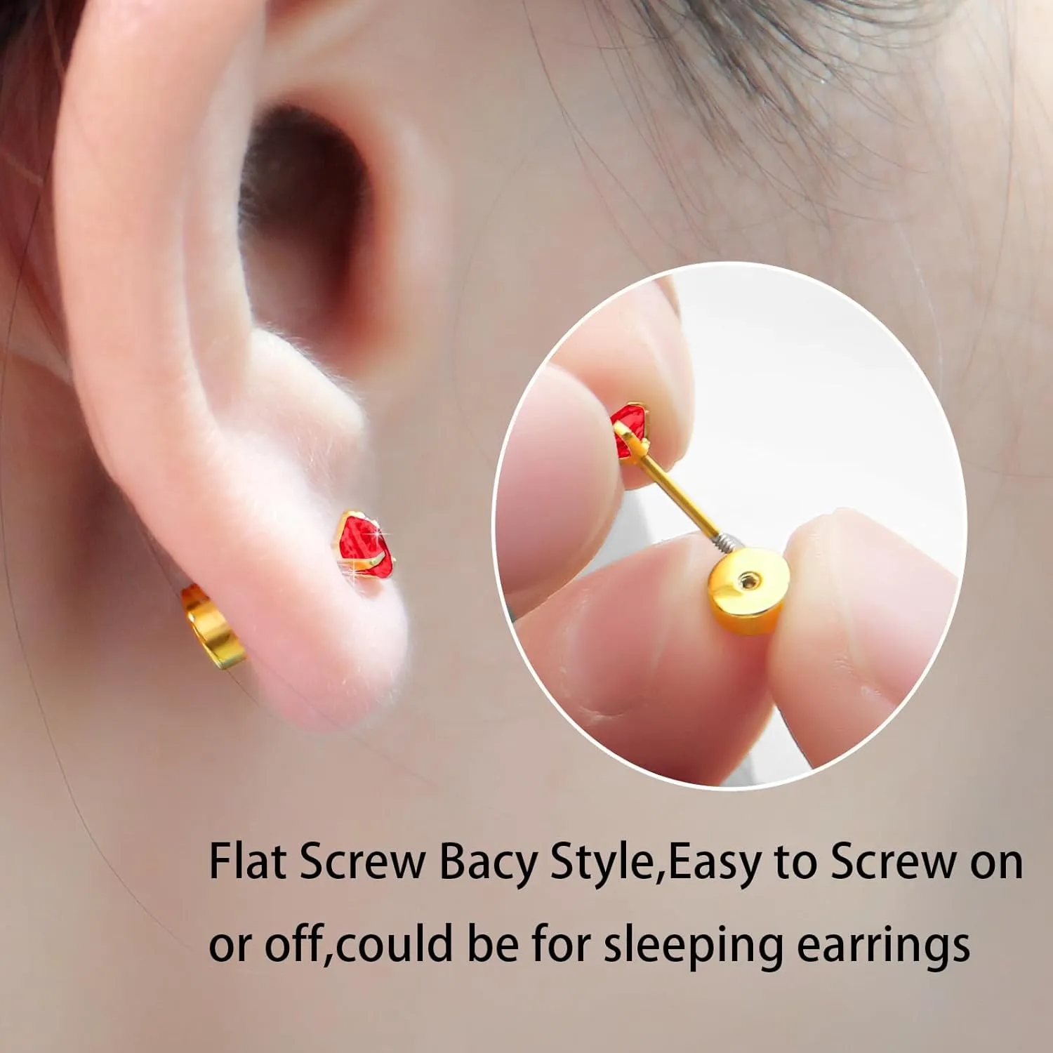Small CZ Stud Flatback Earrings for Women,Dainty Flat Screw Back Cartilage Earring Stud,Helix Conch Tragus Piercing Jewelry,Tiny Cubic Zirconia Studs Hypoallergenic (4mm Gold, Red CZ)