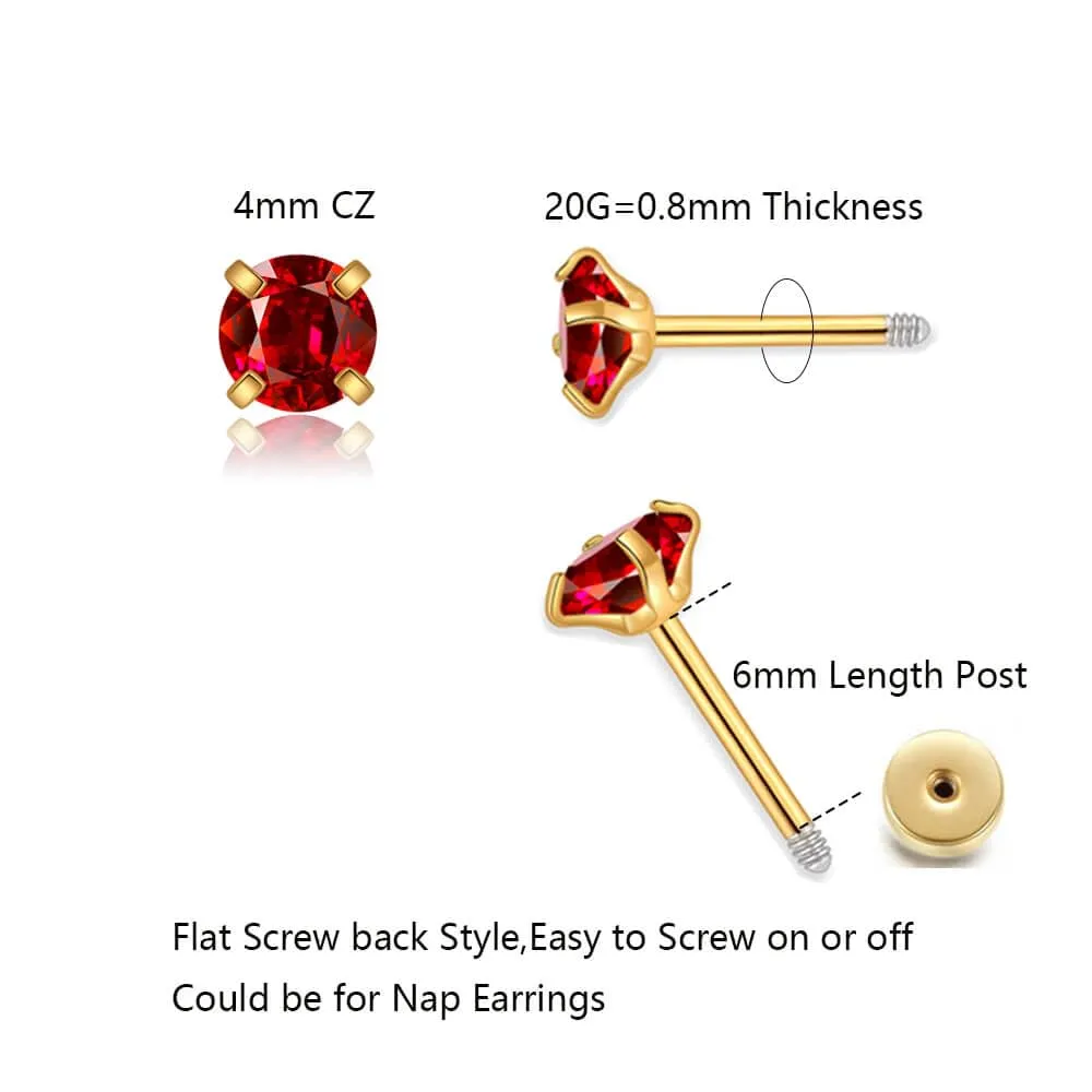 Small CZ Stud Flatback Earrings for Women,Dainty Flat Screw Back Cartilage Earring Stud,Helix Conch Tragus Piercing Jewelry,Tiny Cubic Zirconia Studs Hypoallergenic (4mm Gold, Red CZ)