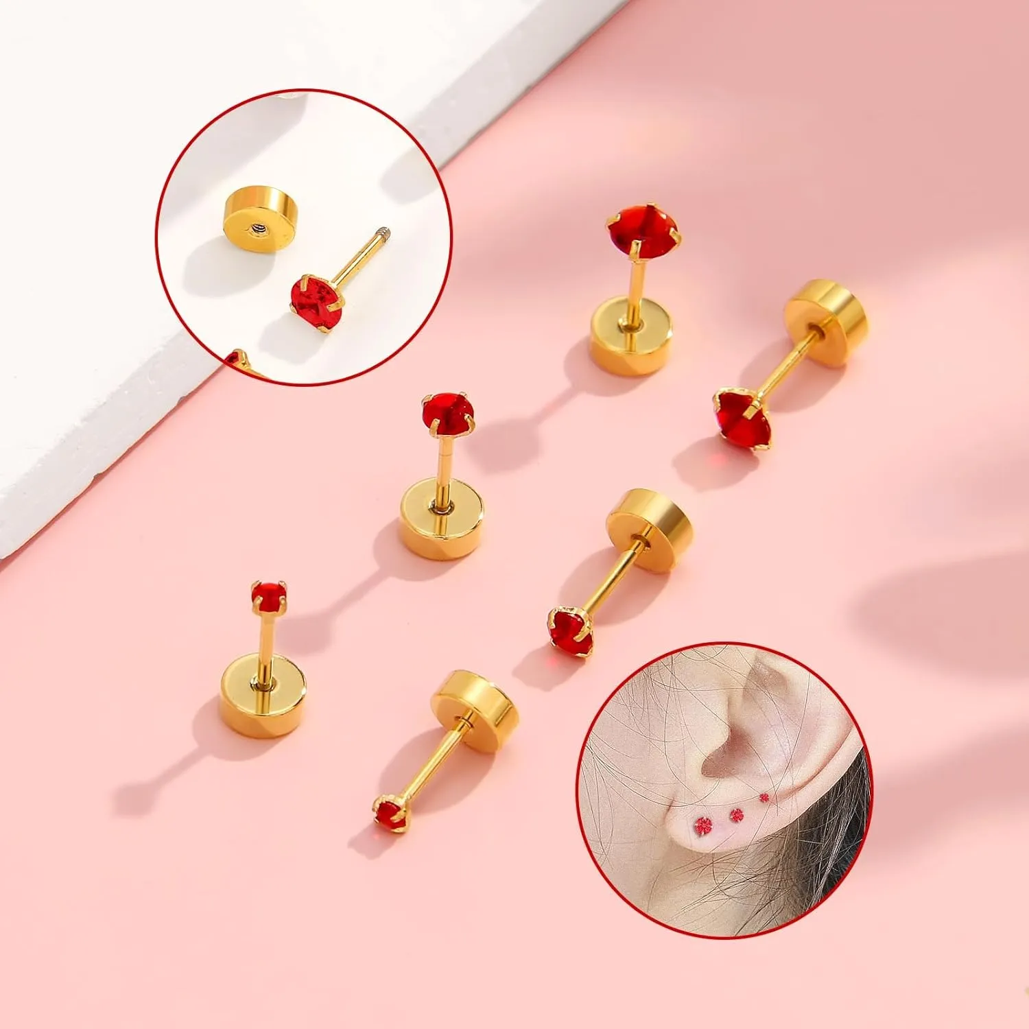 Small CZ Stud Flatback Earrings for Women,Dainty Flat Screw Back Cartilage Earring Stud,Helix Conch Tragus Piercing Jewelry,Tiny Cubic Zirconia Studs Hypoallergenic (4mm Gold, Red CZ)