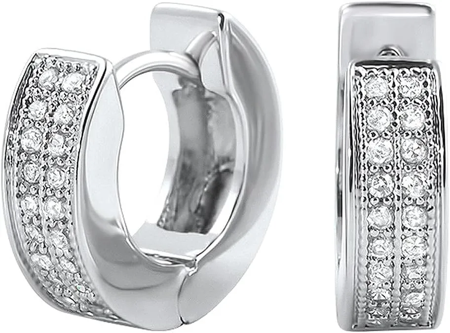 Small Iced CZ Hoops with Cubic Zirconia 14K White Gold Plated 925 Sterling Silver Ear Cuff 12mm Huggie Hoop Earrings Wonderful Gift Choice for Men And Women