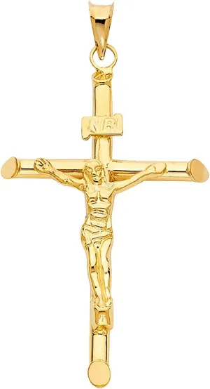 Solid 14K Yellow Gold Crucifix Pendant - Jesus Engraved in Tubular Catholic Cross Charm - High Polished Spiritual Symbol - Gold Stamped Fine Jewelry - Great Gift for Men & Women, 48 x 32 mm, 2.5 GMS