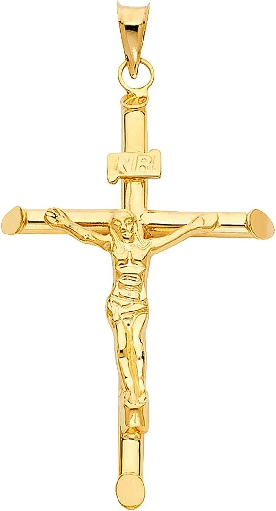 Solid 14K Yellow Gold Crucifix Pendant - Jesus Engraved in Tubular Catholic Cross Charm - High Polished Spiritual Symbol - Gold Stamped Fine Jewelry - Great Gift for Men & Women, 48 x 32 mm, 2.5 GMS