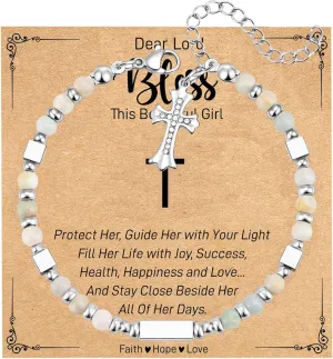 SONNYX Tiny Gemstone Beaded Bracelets - Dainty Cross Bracelet for Women - Christian Bracelets for Women Faith Bracelet Religious Jesus Bracelet for Women Friends Jewelry