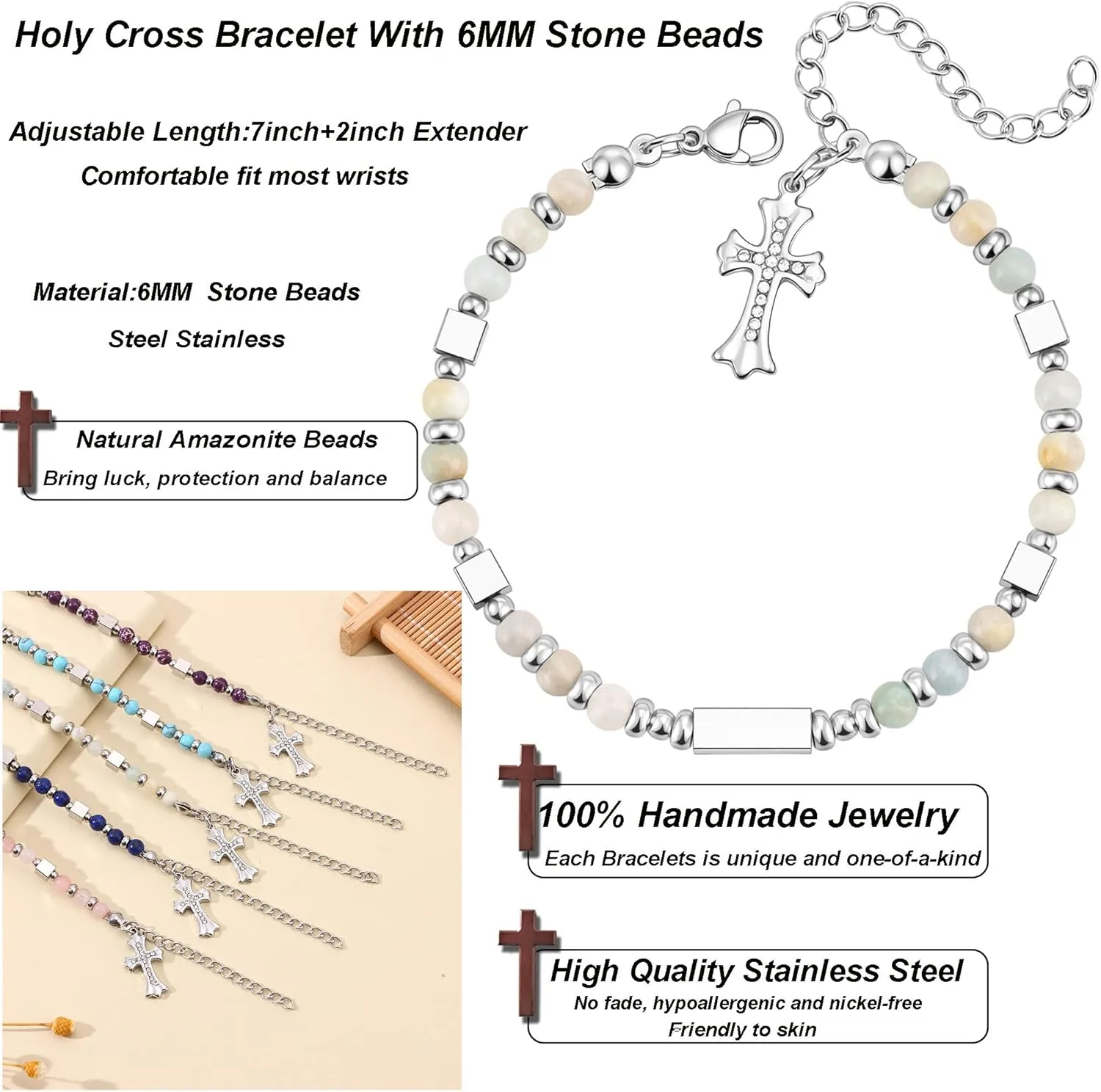 SONNYX Tiny Gemstone Beaded Bracelets - Dainty Cross Bracelet for Women - Christian Bracelets for Women Faith Bracelet Religious Jesus Bracelet for Women Friends Jewelry