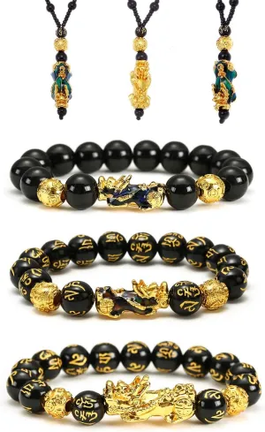 SOOWOOT Feng Shui Bracelet Necklace Set 3 Pixiu Bracelets & 3 Pixiu Necklaces. Unisex Design for Luck, Wealth, Protection against Evil Spirits