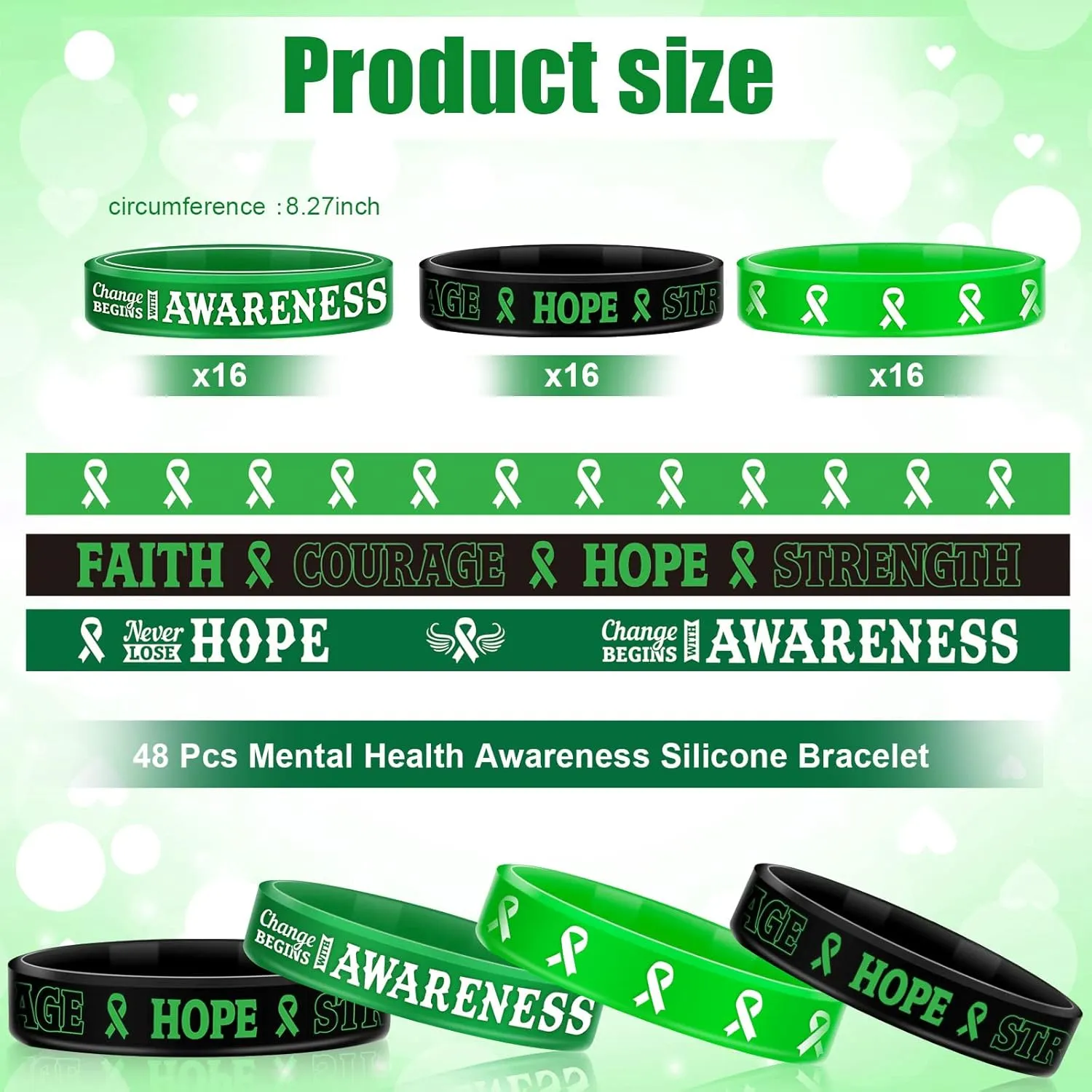 Sosation 48 Pcs Mental Health Awareness Bracelet Gifts Items Green Mental Faith Courage Hope Silicone Motivational Bracelets for Men Women