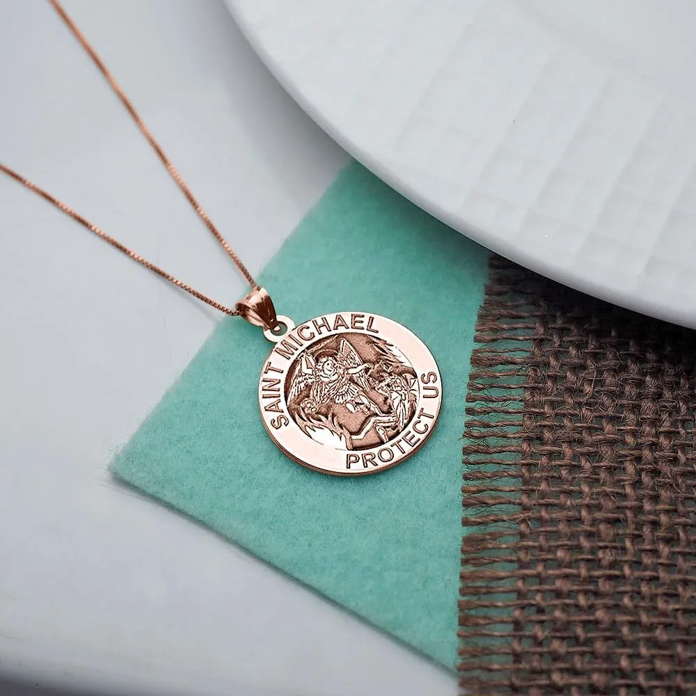 St Michael Necklace Catholic Saint Michael Pendant Round Pendants for Women & Men Crafted in 14K Yellow or White Gold & Sterling Silver Christian Gifts for Men & Women or First Communion Gifts for Boys or Girls