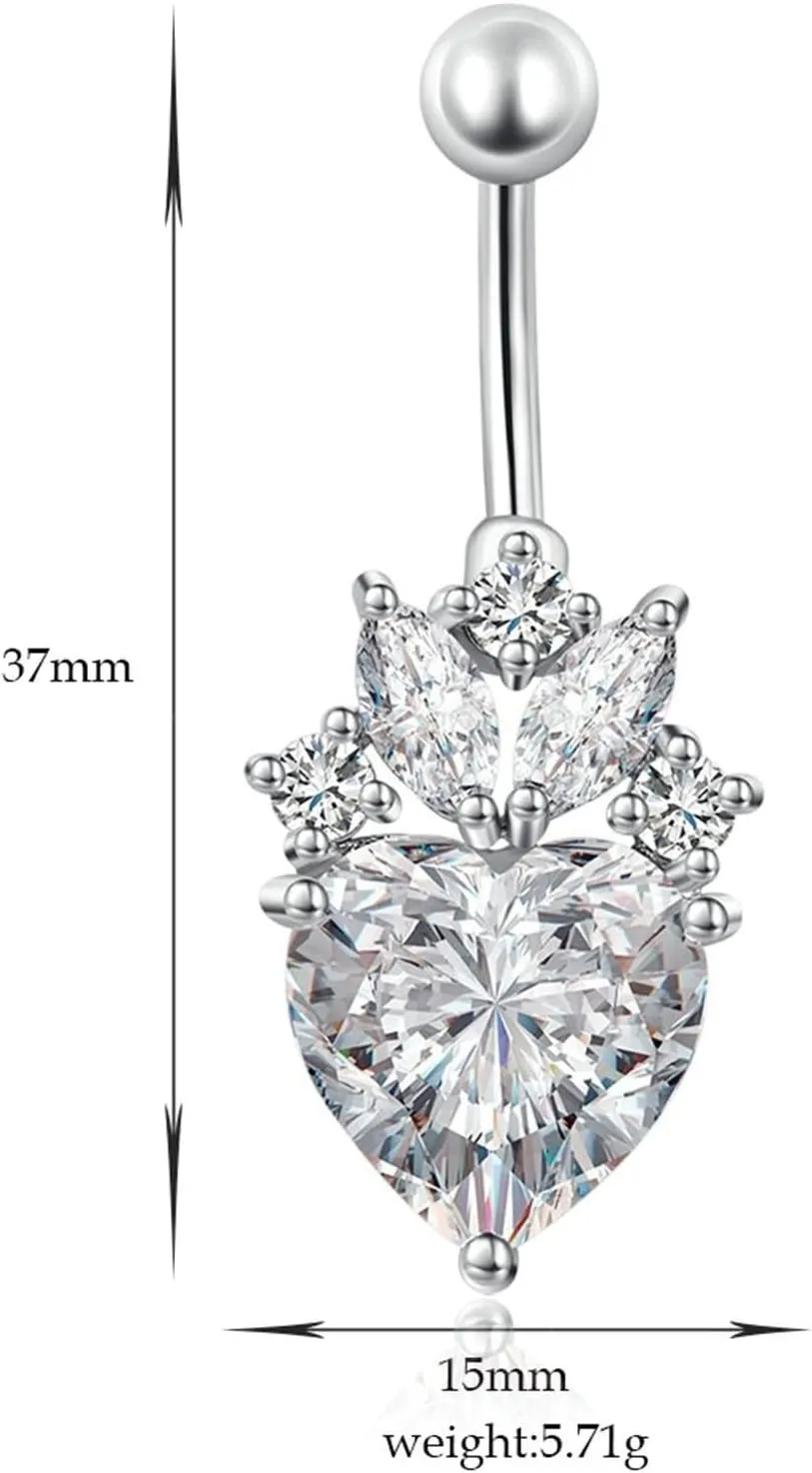 Stainless Steel Belly Button Rings Dangle Navel Rings 14G,Heart and Marquise Cubic Zirconia Red Navel Rings for Women