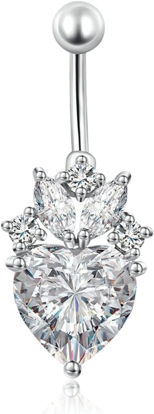 Stainless Steel Belly Button Rings Dangle Navel Rings 14G,Heart and Marquise Cubic Zirconia Red Navel Rings for Women