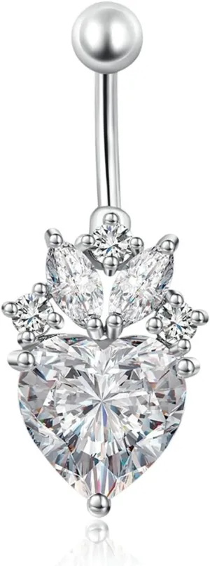 Stainless Steel Belly Button Rings Dangle Navel Rings 14G,Heart and Marquise Cubic Zirconia Red Navel Rings for Women