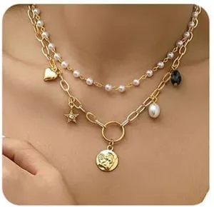 Star Pearl Layered Choker Necklace Chunky Charm Necklace Peach Heart Portrait Pendant Necklace Jewelry for Women