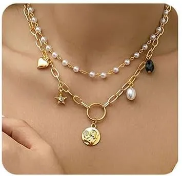 Star Pearl Layered Choker Necklace Chunky Charm Necklace Peach Heart Portrait Pendant Necklace Jewelry for Women