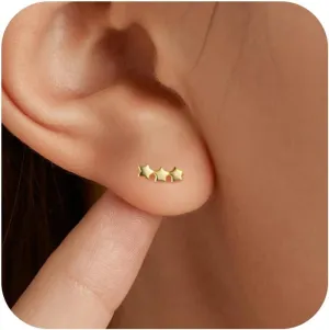 Star Stud Earrings for Women AS Teacher Appreciation Gifts, 14K Gold Plated S925 Sterling Silver Post Tiny Star Climber Earrings Hypoallergenic Small Cartilage Earrings Stud Birthday Jewelry