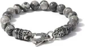 Starmond Mens Beaded Bracelets Gifts: 10mm Jasper Mens Bracelet Beads with Stainless Steel Skull Design and Lobster Clasps as Mens Jewelry Gift of Anxiety Bracelets
