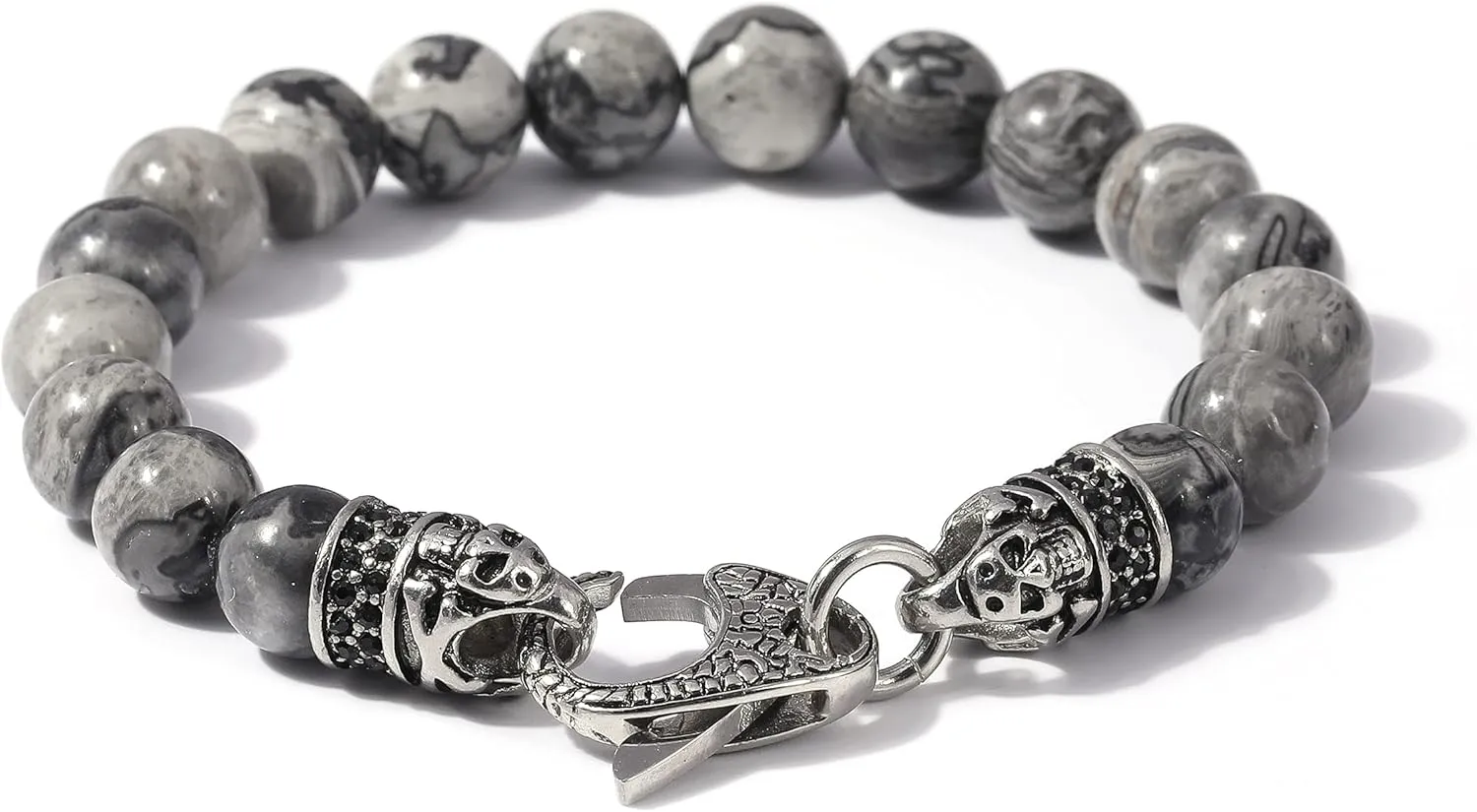 Starmond Mens Beaded Bracelets Gifts: 10mm Jasper Mens Bracelet Beads with Stainless Steel Skull Design and Lobster Clasps as Mens Jewelry Gift of Anxiety Bracelets