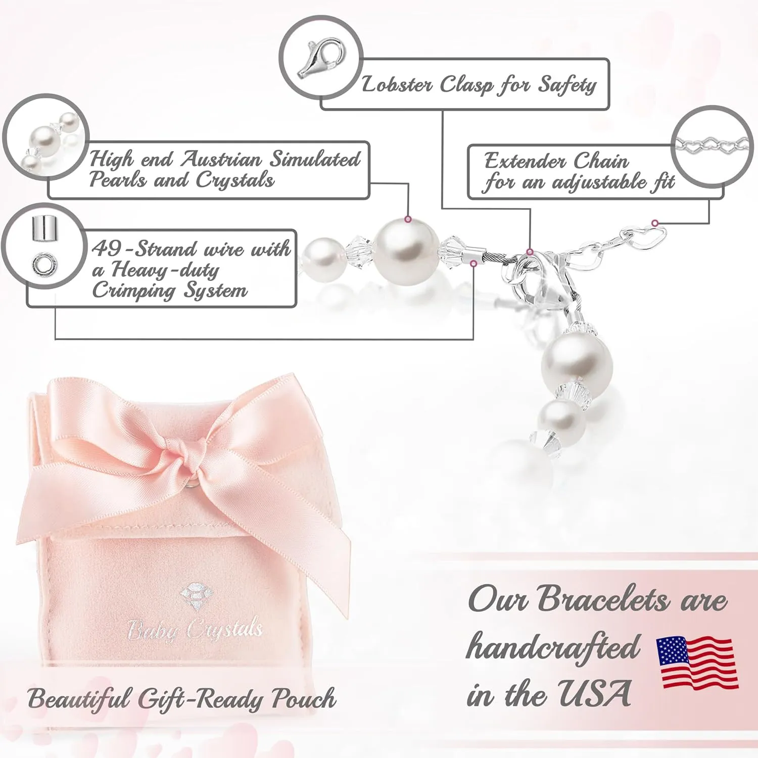Sterling Silver Jewelry Newborn Baby Bracelets for Infant Girls, White Pearl Bracelet for Girls, Baby Girl Gifts, Toddler Bracelets, little Girl Jewelry, Birthday Gifts