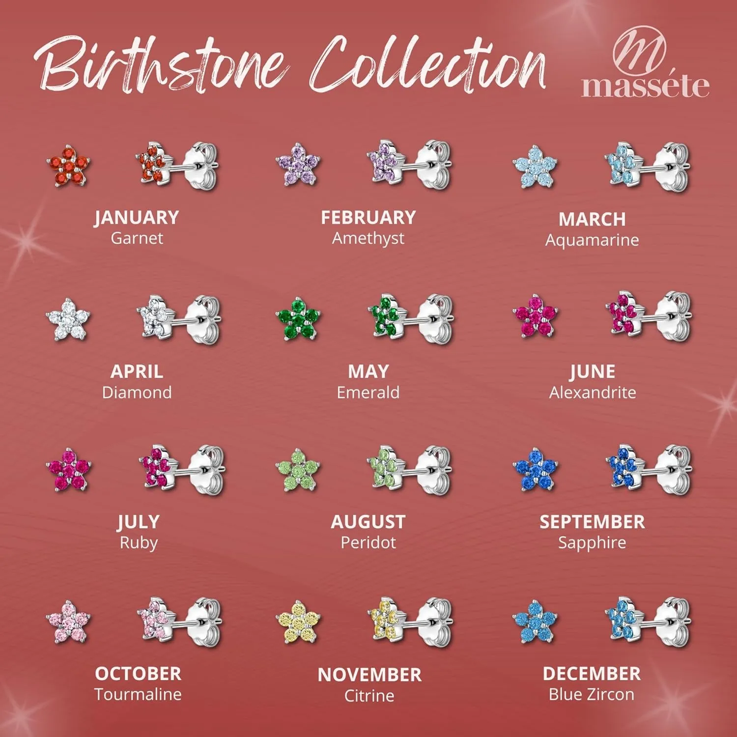 Sterling Silver Small Flower Stud Earrings for Women and Girls Simulated Birthstones 6mm