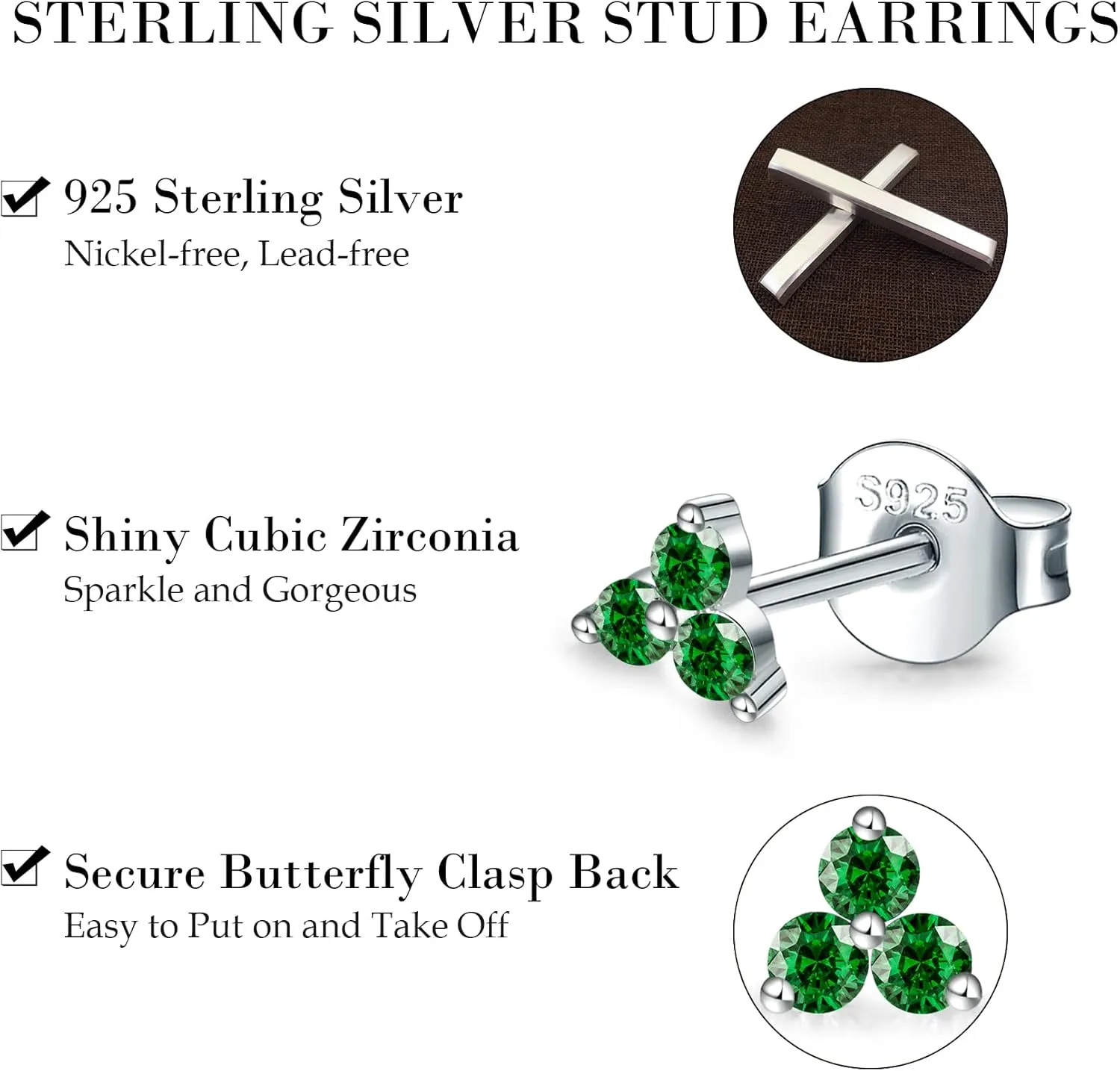 Sterling Silver Stud Earrings for Women- 3 Pairs Hypoallergenic White Gold Plated Small Cubic Zirconia Flower Cartilage Earring Set (3mm/4mm/5mm)