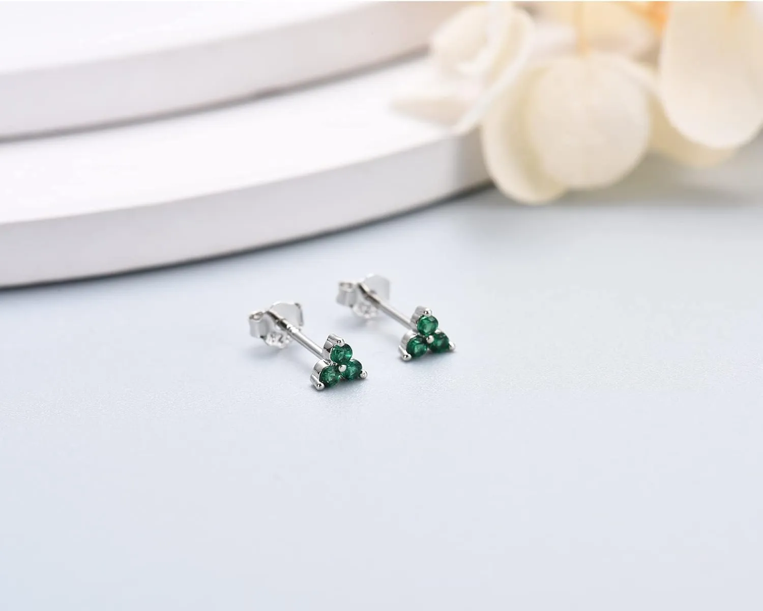 Sterling Silver Stud Earrings for Women- 3 Pairs Hypoallergenic White Gold Plated Small Cubic Zirconia Flower Cartilage Earring Set (3mm/4mm/5mm)