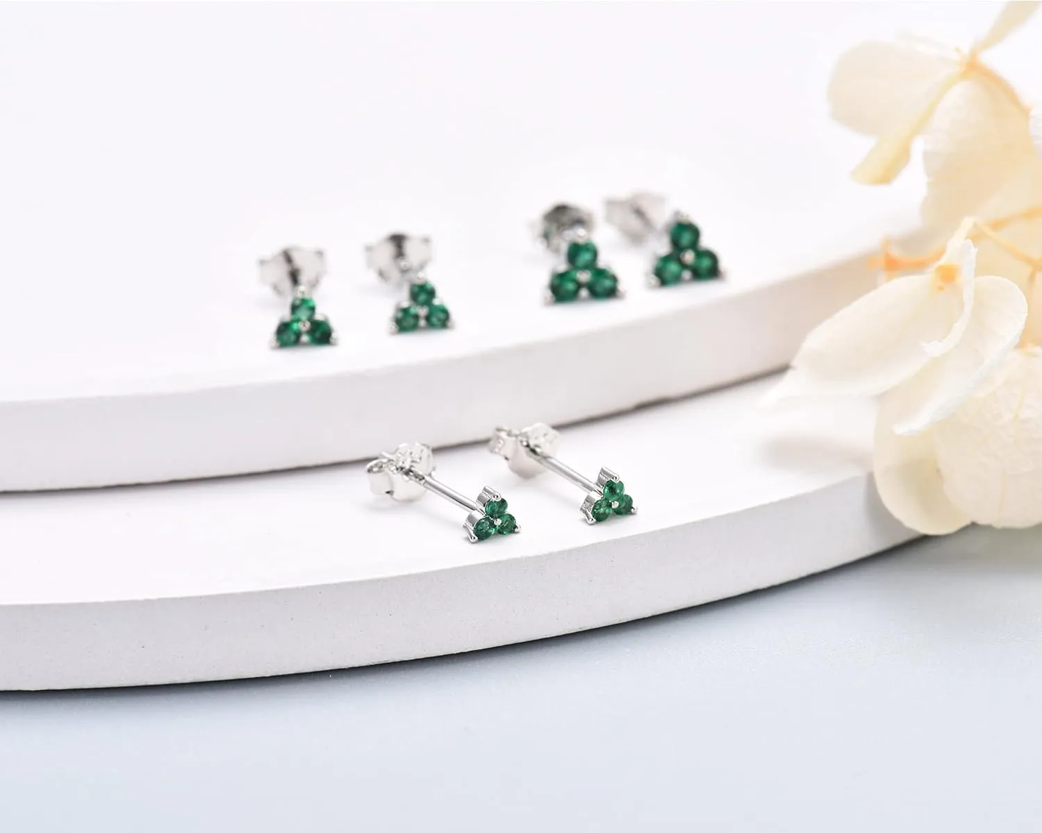 Sterling Silver Stud Earrings for Women- 3 Pairs Hypoallergenic White Gold Plated Small Cubic Zirconia Flower Cartilage Earring Set (3mm/4mm/5mm)