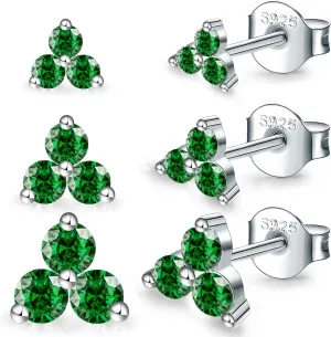 Sterling Silver Stud Earrings for Women- 3 Pairs Hypoallergenic White Gold Plated Small Cubic Zirconia Flower Cartilage Earring Set (3mm/4mm/5mm)