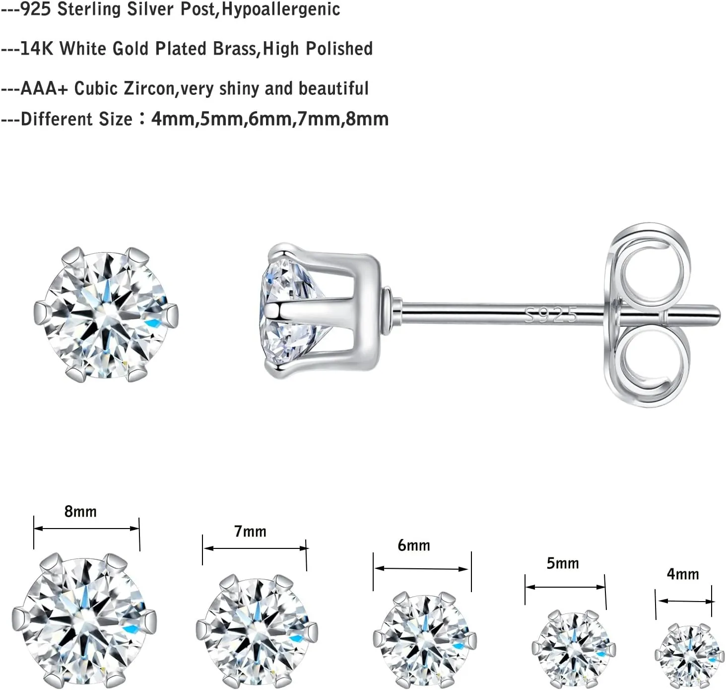 Sterling Silver Stud Earrings for Women 5 Pairs Hypoallergenic Stud Earrings Set Cubic Zirconia Earrings Studs for Girls Women Men Jewelry Gift