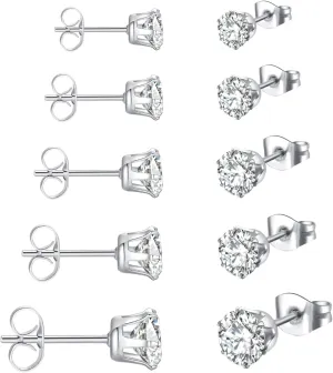 Sterling Silver Stud Earrings for Women 5 Pairs Hypoallergenic Stud Earrings Set Cubic Zirconia Earrings Studs for Girls Women Men Jewelry Gift