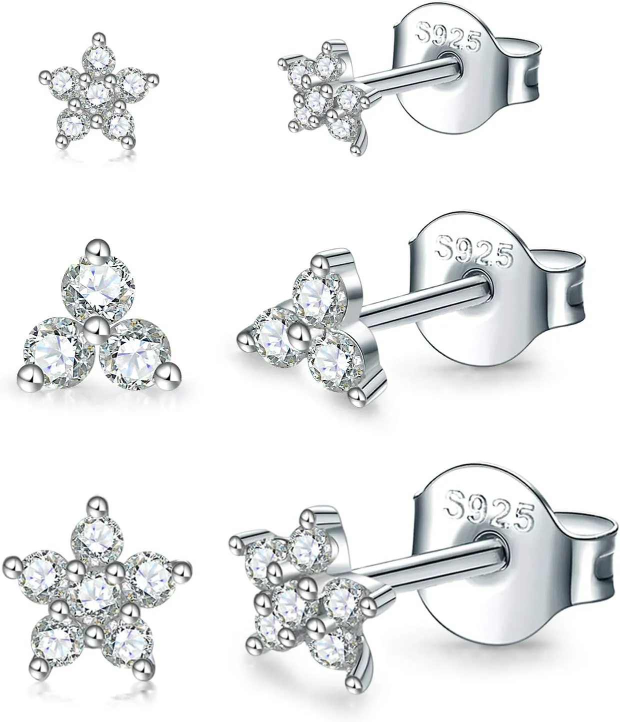 Sterling Silver Stud Earrings for Women Men, Flower Cubic Zirconia Stud Earrings Set | Small Cartilage CZ Hypoallergenic Tragus Piercing Earrings for Teens 3mm 4mm 5mm