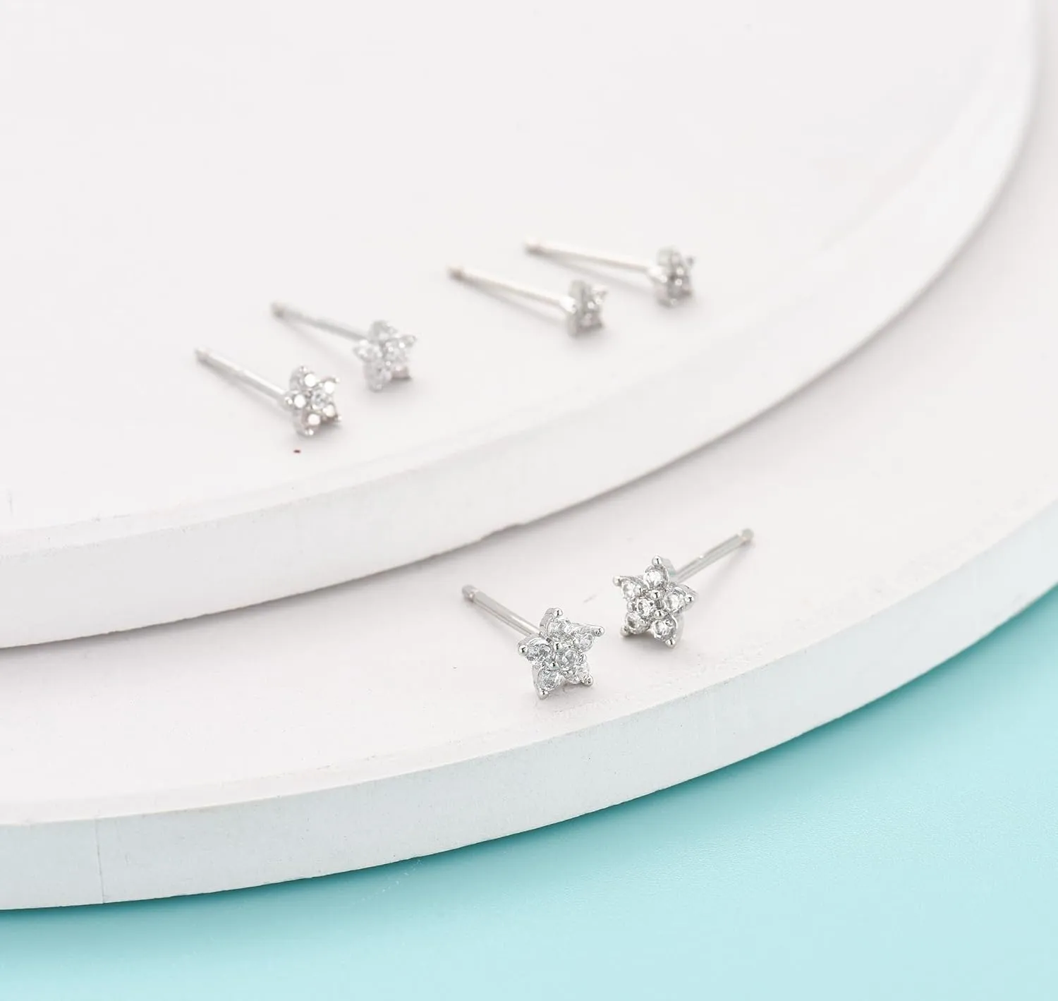 Sterling Silver Stud Earrings for Women Men, Flower Cubic Zirconia Stud Earrings Set | Small Cartilage CZ Hypoallergenic Tragus Piercing Earrings for Teens 3mm 4mm 5mm
