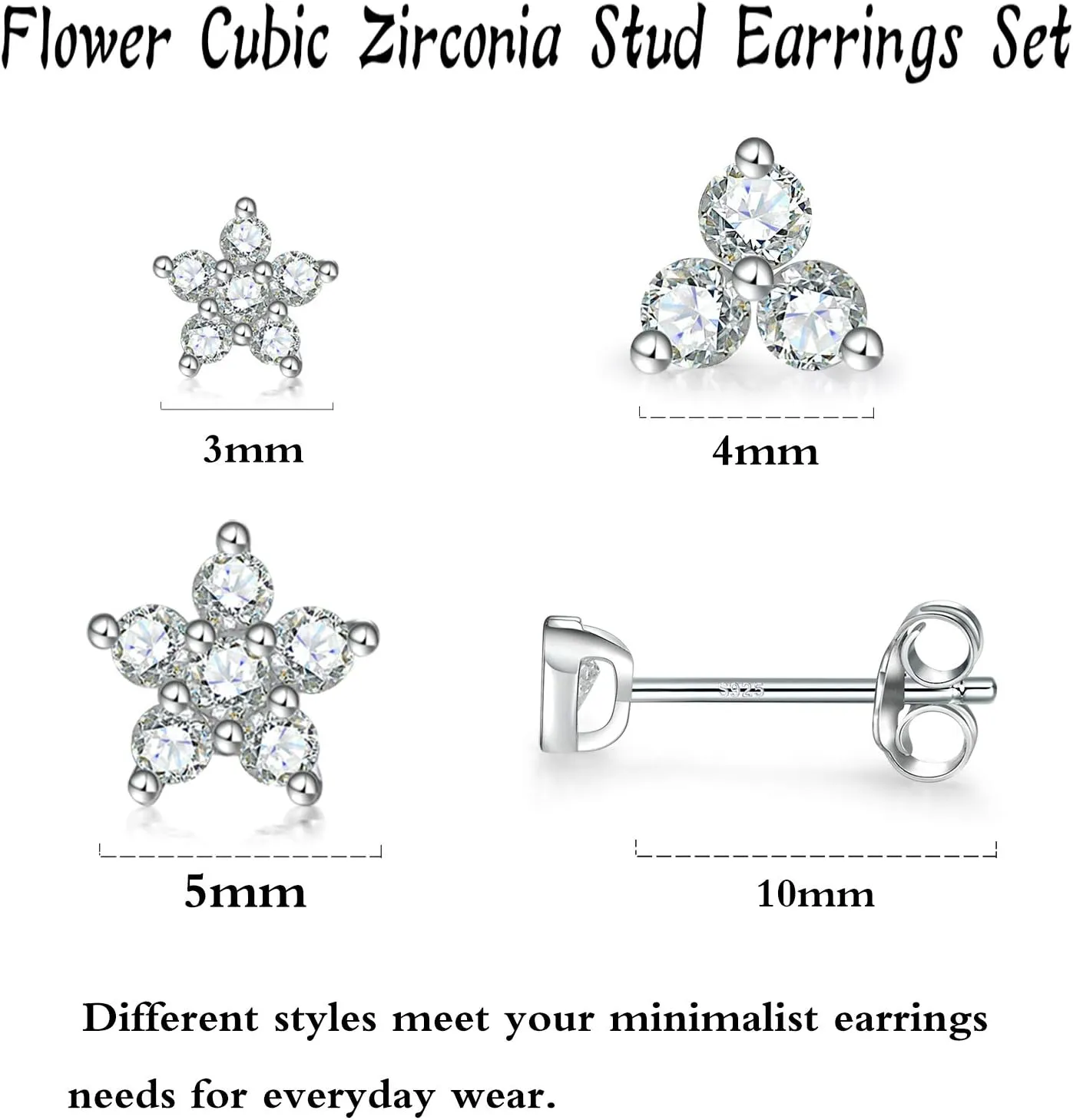 Sterling Silver Stud Earrings for Women Men, Flower Cubic Zirconia Stud Earrings Set | Small Cartilage CZ Hypoallergenic Tragus Piercing Earrings for Teens 3mm 4mm 5mm