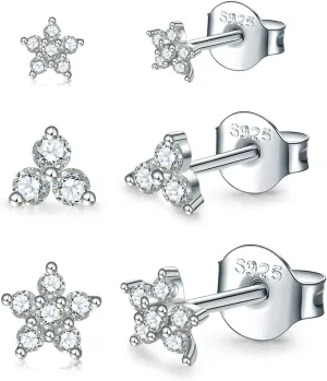 Sterling Silver Stud Earrings for Women Men, Flower Cubic Zirconia Stud Earrings Set | Small Cartilage CZ Hypoallergenic Tragus Piercing Earrings for Teens 3mm 4mm 5mm