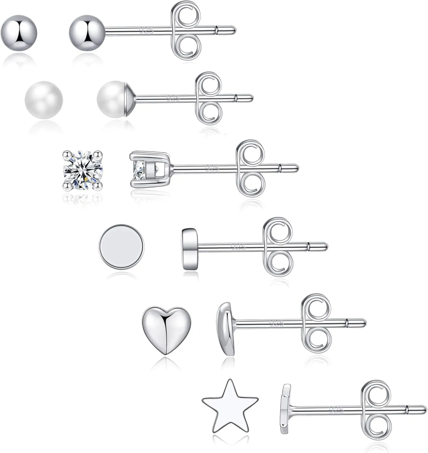 Sterling Silver Stud Earrings,6 Pairs Silver Studs Earrings for Women Small Hypoallergenic Earrings Studs Tiny Stud Sterling Silver Earrings Silver Earring Set For Multiple Piercing