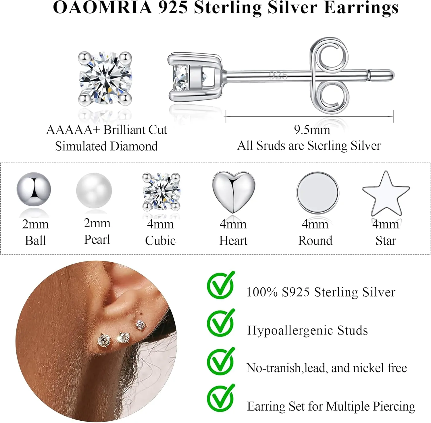 Sterling Silver Stud Earrings,6 Pairs Silver Studs Earrings for Women Small Hypoallergenic Earrings Studs Tiny Stud Sterling Silver Earrings Silver Earring Set For Multiple Piercing