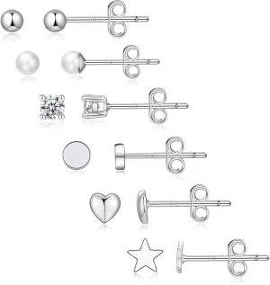 Sterling Silver Stud Earrings,6 Pairs Silver Studs Earrings for Women Small Hypoallergenic Earrings Studs Tiny Stud Sterling Silver Earrings Silver Earring Set For Multiple Piercing