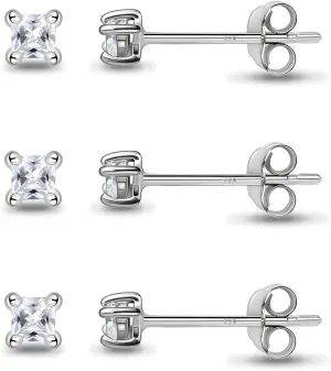 Sterling Silver Tiny 2mm Princess-Cut Square CZ Cartilage Piercing Stud Earrings Jewelry Set for Women Men