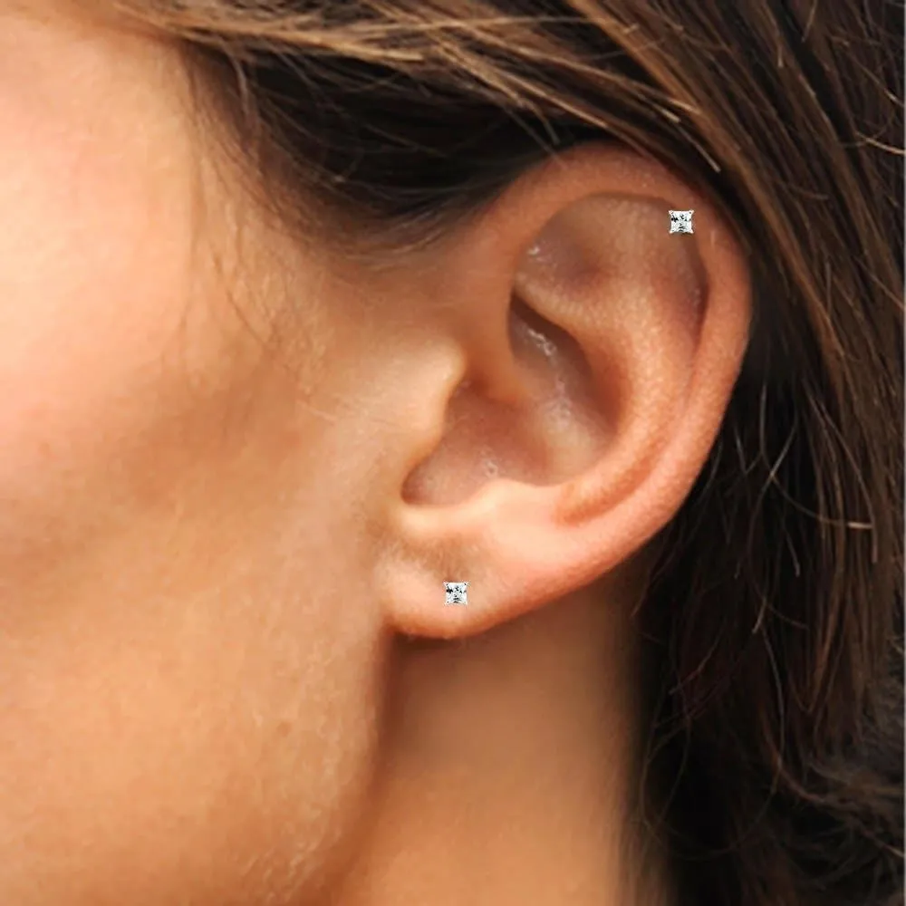 Sterling Silver Tiny 2mm Princess-Cut Square CZ Cartilage Piercing Stud Earrings Jewelry Set for Women Men