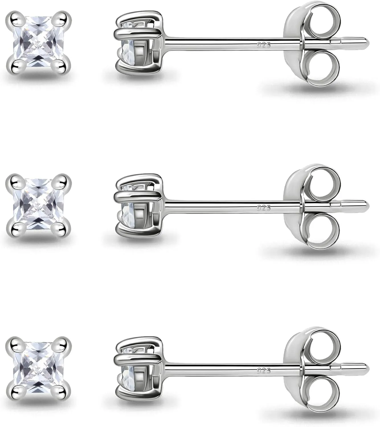 Sterling Silver Tiny 2mm Princess-Cut Square CZ Cartilage Piercing Stud Earrings Jewelry Set for Women Men