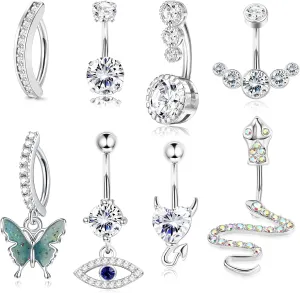 Subiceto 14G Belly Button Rings Dangle Cute Gold Plated Snake Evil Eye Clear CZ Butterfly Clicker for Women Reverse Navel Rings Piercing Pack