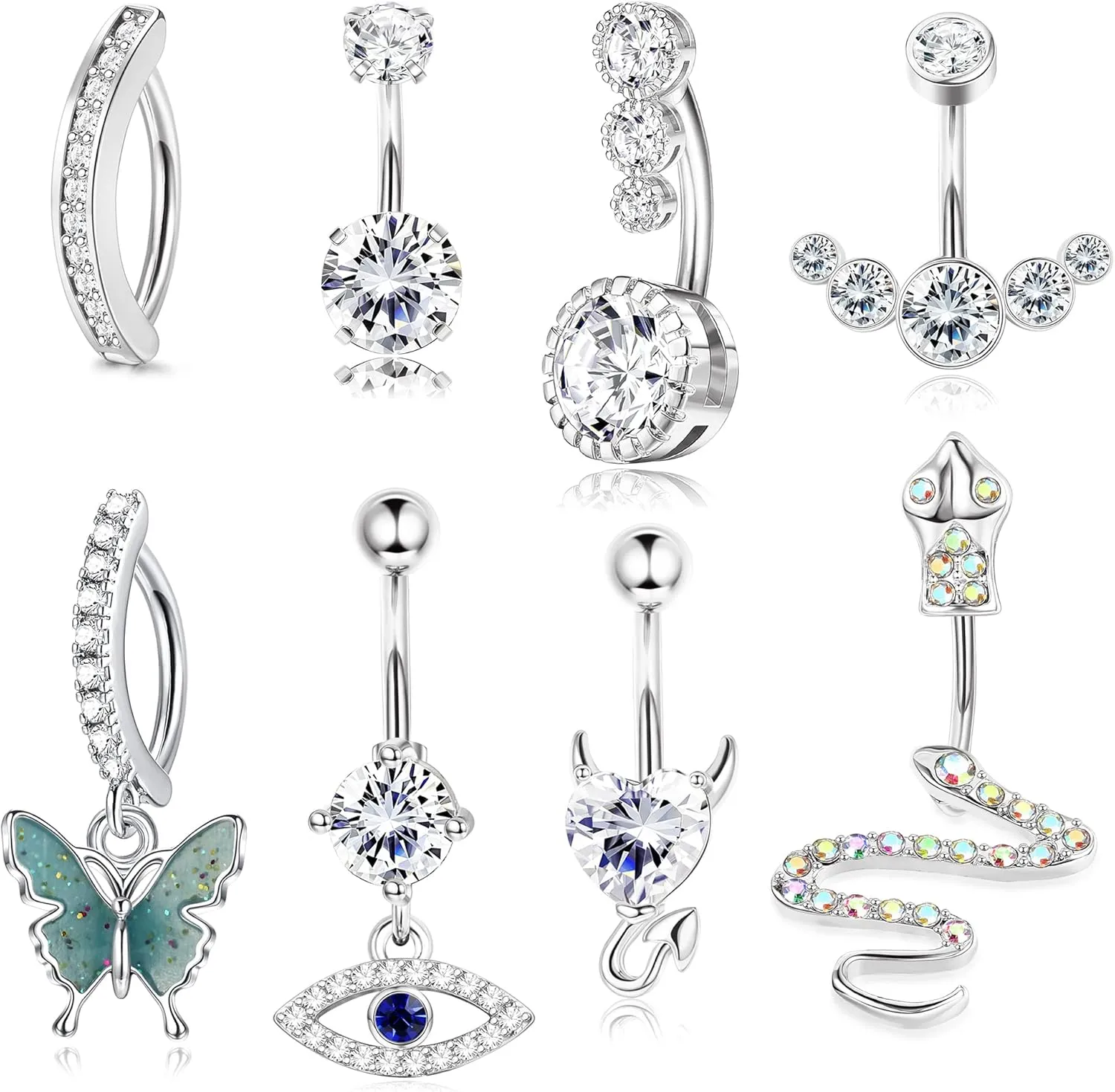 Subiceto 14G Belly Button Rings Dangle Cute Gold Plated Snake Evil Eye Clear CZ Butterfly Clicker for Women Reverse Navel Rings Piercing Pack