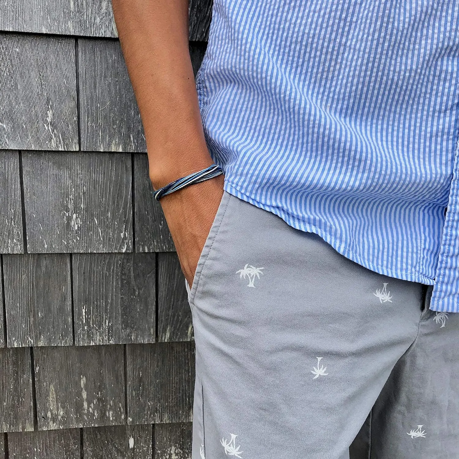 Surfer String Bracelet for Men and Boys Blue Gray White w Hematite Stones Handmade Woven Rope Adjustable Stretch Bangle by Rumi Sumaq