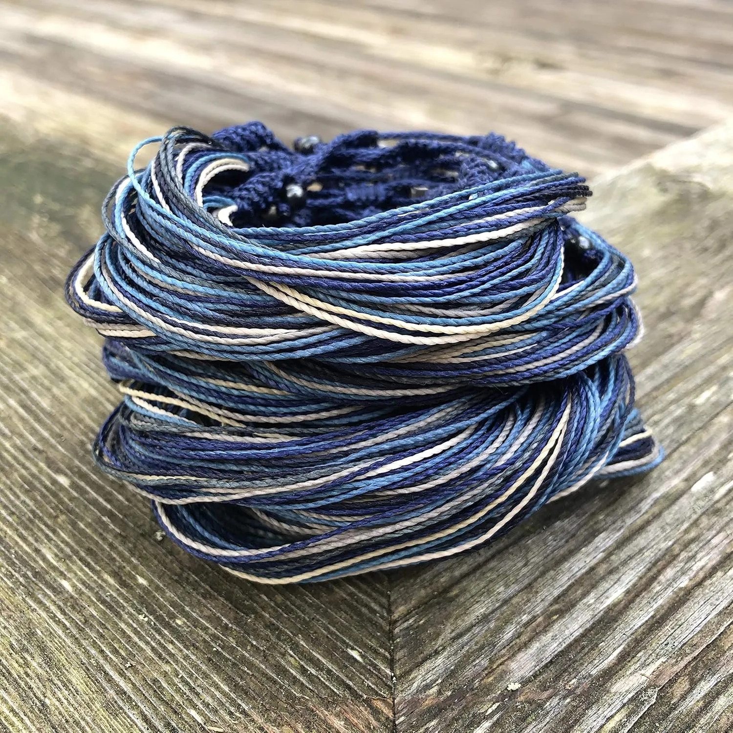 Surfer String Bracelet for Men and Boys Blue Gray White w Hematite Stones Handmade Woven Rope Adjustable Stretch Bangle by Rumi Sumaq