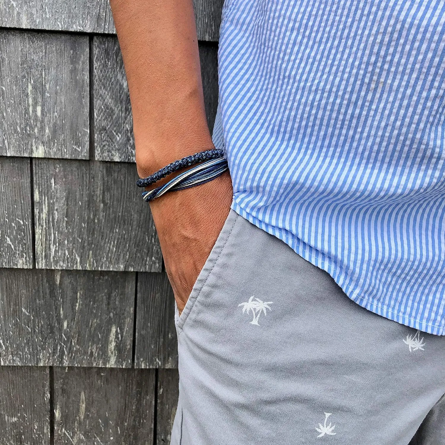 Surfer String Bracelet for Men and Boys Blue Gray White w Hematite Stones Handmade Woven Rope Adjustable Stretch Bangle by Rumi Sumaq