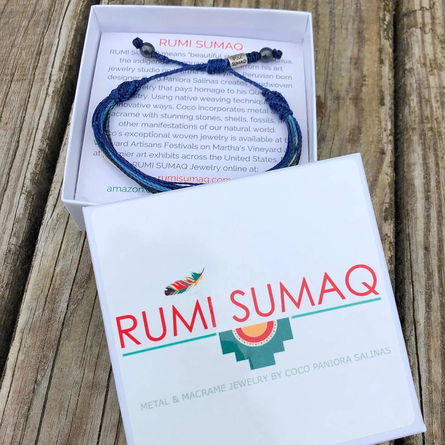 Surfer String Bracelet for Men and Boys Blue Gray White w Hematite Stones Handmade Woven Rope Adjustable Stretch Bangle by Rumi Sumaq