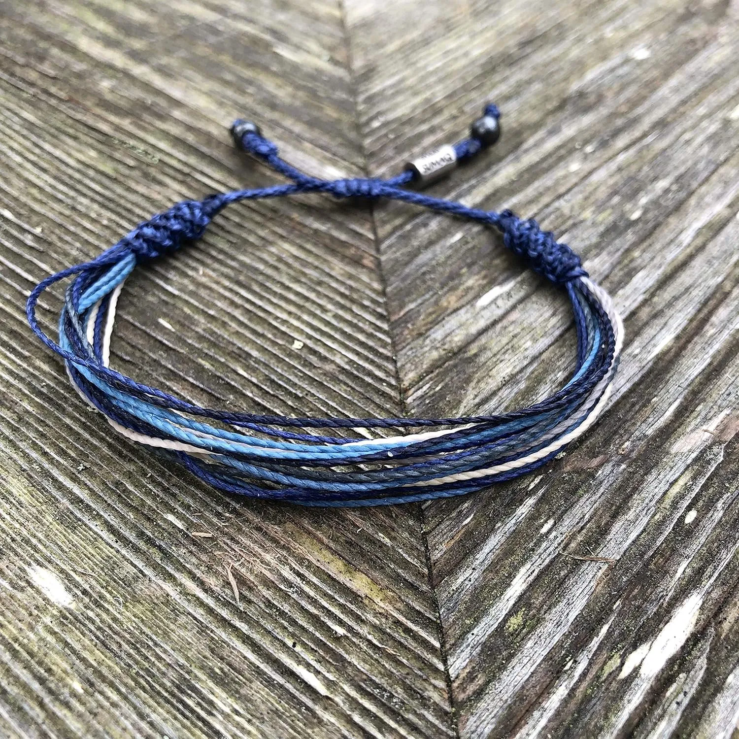 Surfer String Bracelet for Men and Boys Blue Gray White w Hematite Stones Handmade Woven Rope Adjustable Stretch Bangle by Rumi Sumaq