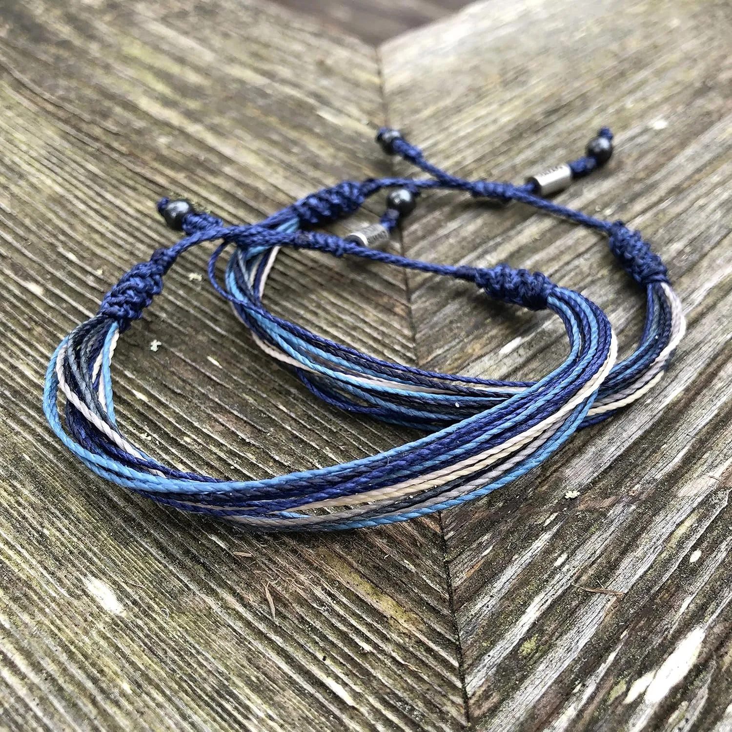 Surfer String Bracelet for Men and Boys Blue Gray White w Hematite Stones Handmade Woven Rope Adjustable Stretch Bangle by Rumi Sumaq