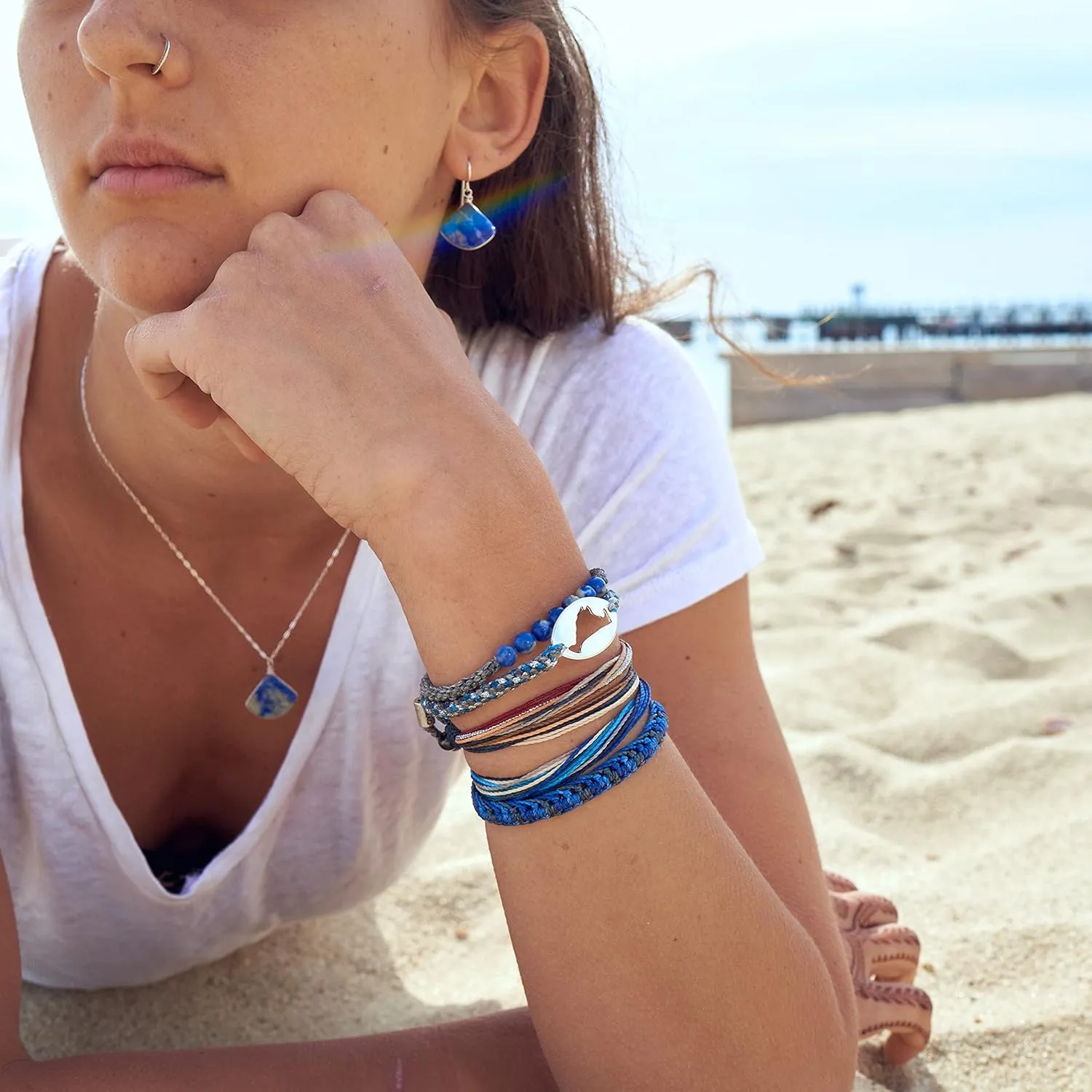 Surfer String Bracelet for Men and Boys Blue Gray White w Hematite Stones Handmade Woven Rope Adjustable Stretch Bangle by Rumi Sumaq