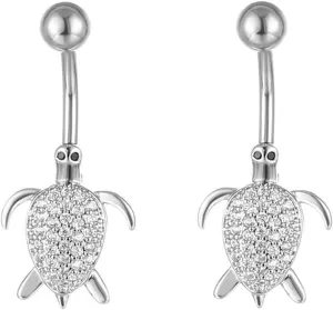 Surgical Belly Rings for Women, 2pcs Navel Rings Minimal Silver Cubic Zirconia 14G Belly Rings Dangle Sexy Turtle