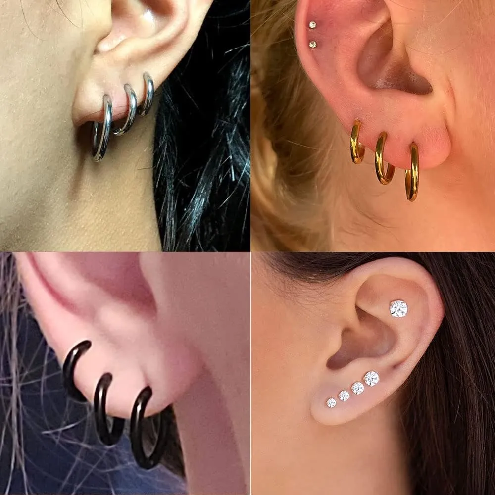 Surgical Stainless Steel Stud Earrings Hoop Earrings for Women Men 14K Gold Plated Hypoallergenic Cartilage Earrings Flat Back CZ Earrings Set Dainty Multiple Piercing Pack of 8 Pairs